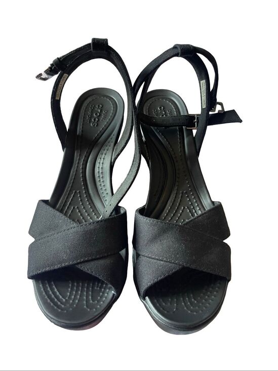 CROCS Shoes - Crocs Womens Black Leigh II Cross Strap Strappy Ankle Wedge Sandals Size 9